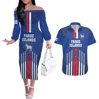 Custom Faroe Islands Football Couples Matching Off The Shoulder Long Sleeve Dress and Hawaiian Shirt Go Champion Blue Version
