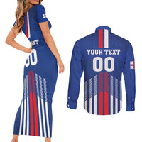 Custom Faroe Islands Football Couples Matching Short Sleeve Bodycon Dress and Long Sleeve Button Shirt Go Champion Blue Version
