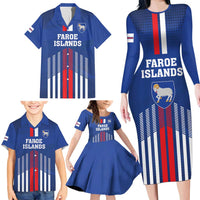 Custom Faroe Islands Football Family Matching Long Sleeve Bodycon Dress and Hawaiian Shirt Go Champion Blue Version