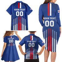 Custom Faroe Islands Football Family Matching Long Sleeve Bodycon Dress and Hawaiian Shirt Go Champion Blue Version