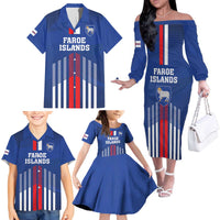 Custom Faroe Islands Football Family Matching Off The Shoulder Long Sleeve Dress and Hawaiian Shirt Go Champion Blue Version