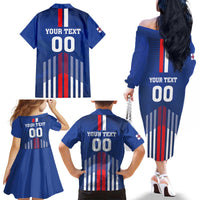 Custom Faroe Islands Football Family Matching Off The Shoulder Long Sleeve Dress and Hawaiian Shirt Go Champion Blue Version