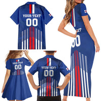 Custom Faroe Islands Football Family Matching Short Sleeve Bodycon Dress and Hawaiian Shirt Go Champion Blue Version