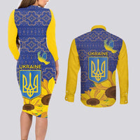 Ukraine Peace Dove Couples Matching Long Sleeve Bodycon Dress and Long Sleeve Button Shirt Ukraine Sunflower With Folk Patterns - Wonder Print Shop