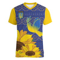 Ukraine Peace Dove Women V-Neck T-Shirt Ukraine Sunflower With Folk Patterns - Wonder Print Shop