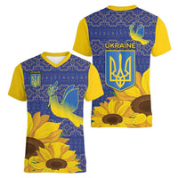 Ukraine Peace Dove Women V-Neck T-Shirt Ukraine Sunflower With Folk Patterns - Wonder Print Shop