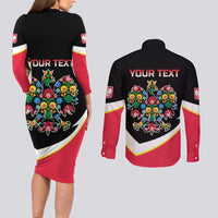 Personalized Poland Wycinanki Eagle Couples Matching Long Sleeve Bodycon Dress and Long Sleeve Button Shirt Polish Traditional Floral Folk Pattern - Wonder Print Shop
