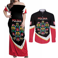 Personalized Poland Wycinanki Eagle Couples Matching Off Shoulder Maxi Dress and Long Sleeve Button Shirt Polish Traditional Floral Folk Pattern - Wonder Print Shop