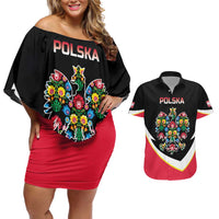 Personalized Poland Wycinanki Eagle Couples Matching Off Shoulder Short Dress and Hawaiian Shirt Polish Traditional Floral Folk Pattern - Wonder Print Shop