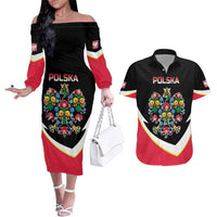 Personalized Poland Wycinanki Eagle Couples Matching Off The Shoulder Long Sleeve Dress and Hawaiian Shirt Polish Traditional Floral Folk Pattern - Wonder Print Shop