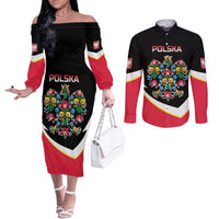 Personalized Poland Wycinanki Eagle Couples Matching Off The Shoulder Long Sleeve Dress and Long Sleeve Button Shirt Polish Traditional Floral Folk Pattern - Wonder Print Shop