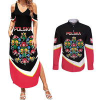 Personalized Poland Wycinanki Eagle Couples Matching Summer Maxi Dress and Long Sleeve Button Shirt Polish Traditional Floral Folk Pattern - Wonder Print Shop