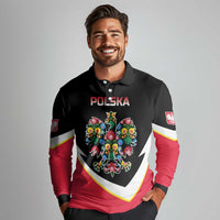 Personalized Poland Wycinanki Eagle Long Sleeve Polo Shirt Polish Traditional Floral Folk Pattern - Wonder Print Shop