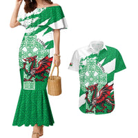 Wales Celtic Cross Couples Matching Mermaid Dress and Hawaiian Shirt Cymru Am Byth Green Version - Wonder Print Shop