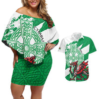 Wales Celtic Cross Couples Matching Off Shoulder Short Dress and Hawaiian Shirt Cymru Am Byth Green Version - Wonder Print Shop