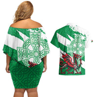 Wales Celtic Cross Couples Matching Off Shoulder Short Dress and Hawaiian Shirt Cymru Am Byth Green Version - Wonder Print Shop