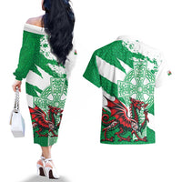 Wales Celtic Cross Couples Matching Off The Shoulder Long Sleeve Dress and Hawaiian Shirt Cymru Am Byth Green Version - Wonder Print Shop