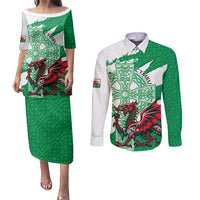 Wales Celtic Cross Couples Matching Puletasi and Long Sleeve Button Shirt Cymru Am Byth Green Version - Wonder Print Shop