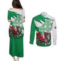 Wales Celtic Cross Couples Matching Puletasi and Long Sleeve Button Shirt Cymru Am Byth Green Version - Wonder Print Shop