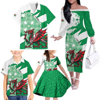 Wales Celtic Cross Family Matching Off The Shoulder Long Sleeve Dress and Hawaiian Shirt Cymru Am Byth Green Version - Wonder Print Shop