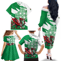 Wales Celtic Cross Family Matching Off The Shoulder Long Sleeve Dress and Hawaiian Shirt Cymru Am Byth Green Version - Wonder Print Shop
