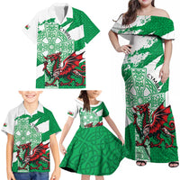 Wales Celtic Cross Family Matching Off Shoulder Maxi Dress and Hawaiian Shirt Cymru Am Byth Green Version - Wonder Print Shop