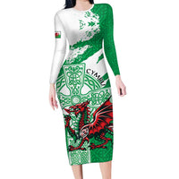 Wales Celtic Cross Long Sleeve Bodycon Dress Cymru Am Byth Green Version - Wonder Print Shop