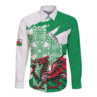 Wales Celtic Cross Long Sleeve Button Shirt Cymru Am Byth Green Version - Wonder Print Shop