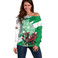Wales Celtic Cross Off Shoulder Sweater Cymru Am Byth Green Version - Wonder Print Shop