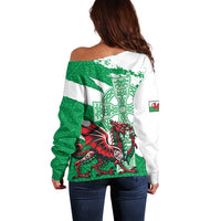 Wales Celtic Cross Off Shoulder Sweater Cymru Am Byth Green Version - Wonder Print Shop