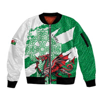 Wales Celtic Cross Sleeve Zip Bomber Jacket Cymru Am Byth Green Version - Wonder Print Shop