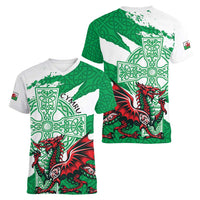Wales Celtic Cross Women V-Neck T-Shirt Cymru Am Byth Green Version - Wonder Print Shop