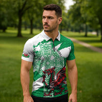 Wales Celtic Cross Zipper Polo Shirt Cymru Am Byth Green Version - Wonder Print Shop