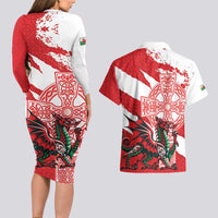 Wales Celtic Cross Couples Matching Long Sleeve Bodycon Dress and Hawaiian Shirt Cymru Am Byth Red Version - Wonder Print Shop