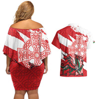Wales Celtic Cross Couples Matching Off Shoulder Short Dress and Hawaiian Shirt Cymru Am Byth Red Version - Wonder Print Shop