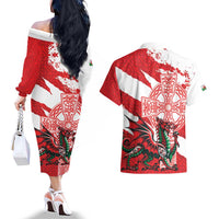Wales Celtic Cross Couples Matching Off The Shoulder Long Sleeve Dress and Hawaiian Shirt Cymru Am Byth Red Version - Wonder Print Shop