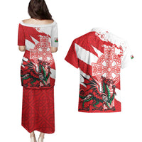 Wales Celtic Cross Couples Matching Puletasi and Hawaiian Shirt Cymru Am Byth Red Version - Wonder Print Shop