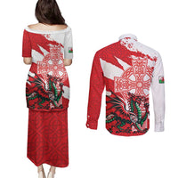 Wales Celtic Cross Couples Matching Puletasi and Long Sleeve Button Shirt Cymru Am Byth Red Version - Wonder Print Shop