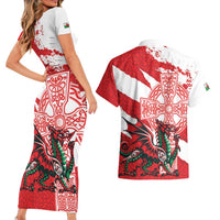 Wales Celtic Cross Couples Matching Short Sleeve Bodycon Dress and Hawaiian Shirt Cymru Am Byth Red Version - Wonder Print Shop