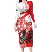 Wales Celtic Cross Long Sleeve Bodycon Dress Cymru Am Byth Red Version - Wonder Print Shop
