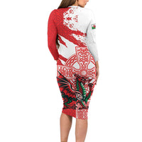 Wales Celtic Cross Long Sleeve Bodycon Dress Cymru Am Byth Red Version - Wonder Print Shop