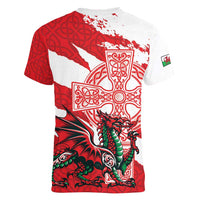 Wales Celtic Cross Women V-Neck T-Shirt Cymru Am Byth Red Version - Wonder Print Shop
