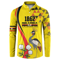 Personalized Uganda Independence Day Button Sweatshirt Grey Crowned Crane Bird - Wonder Print Shop