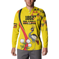 Personalized Uganda Independence Day Button Sweatshirt Grey Crowned Crane Bird - Wonder Print Shop