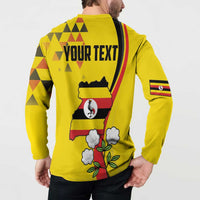 Personalized Uganda Independence Day Button Sweatshirt Grey Crowned Crane Bird - Wonder Print Shop