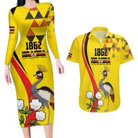 Personalized Uganda Independence Day Couples Matching Long Sleeve Bodycon Dress and Hawaiian Shirt Grey Crowned Crane Bird - Wonder Print Shop