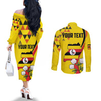 Personalized Uganda Independence Day Couples Matching Off The Shoulder Long Sleeve Dress and Long Sleeve Button Shirt Grey Crowned Crane Bird