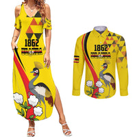 Personalized Uganda Independence Day Couples Matching Summer Maxi Dress and Long Sleeve Button Shirt Grey Crowned Crane Bird - Wonder Print Shop