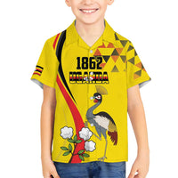 Personalized Uganda Independence Day Family Matching Long Sleeve Bodycon Dress and Hawaiian Shirt Grey Crowned Crane Bird - Wonder Print Shop