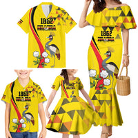 Personalized Uganda Independence Day Family Matching Mermaid Dress and Hawaiian Shirt Grey Crowned Crane Bird - Wonder Print Shop